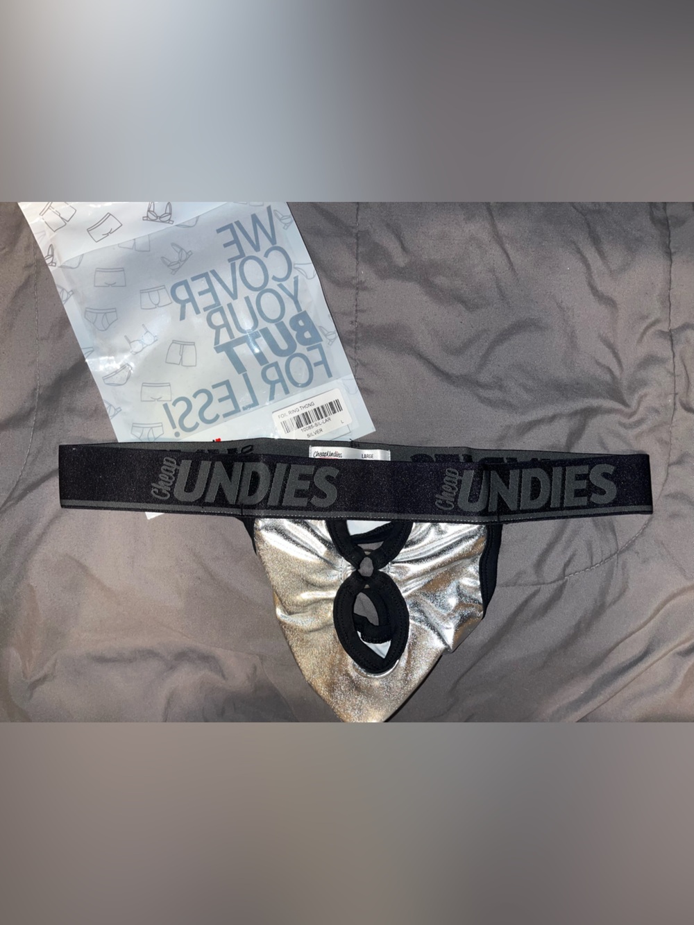 CheapUndies Silver Metallic Cutout Men's Thong with Black Waistband